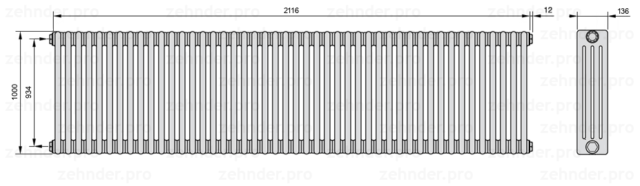 Схема (чертеж) Радиатор Zehnder Charleston 4100/46 №1270 Белый глянцевый RAL 9016